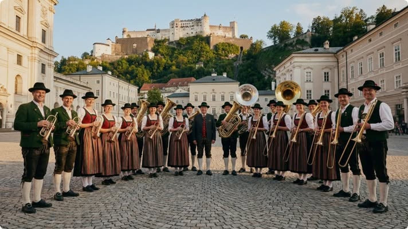 Wind band in traditional dress with brass instruments in front of Hohensalzburg Fortress