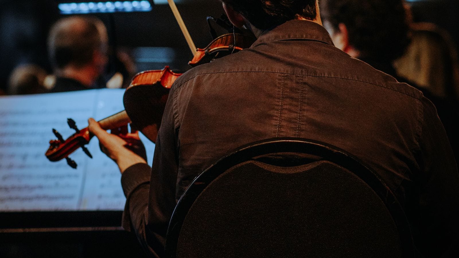 Violinist seen from behind during a live orchestra performance